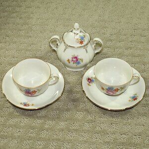 Set of 5 Antique German US Zone Two Gold Trimmed Floral Cups / Saucers and Sugar